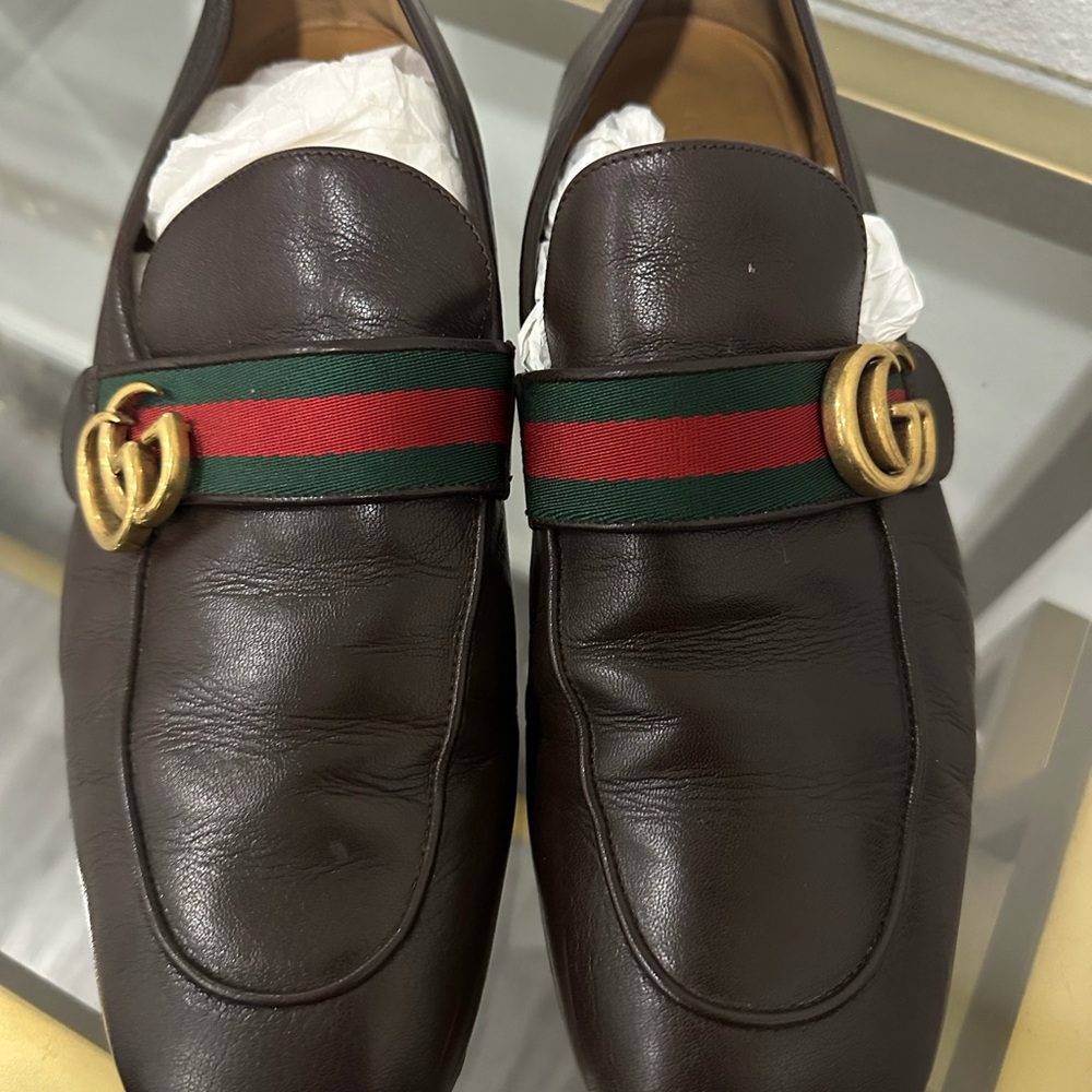 Gucci Brown and Gold Leather Loafers Slip-Ons